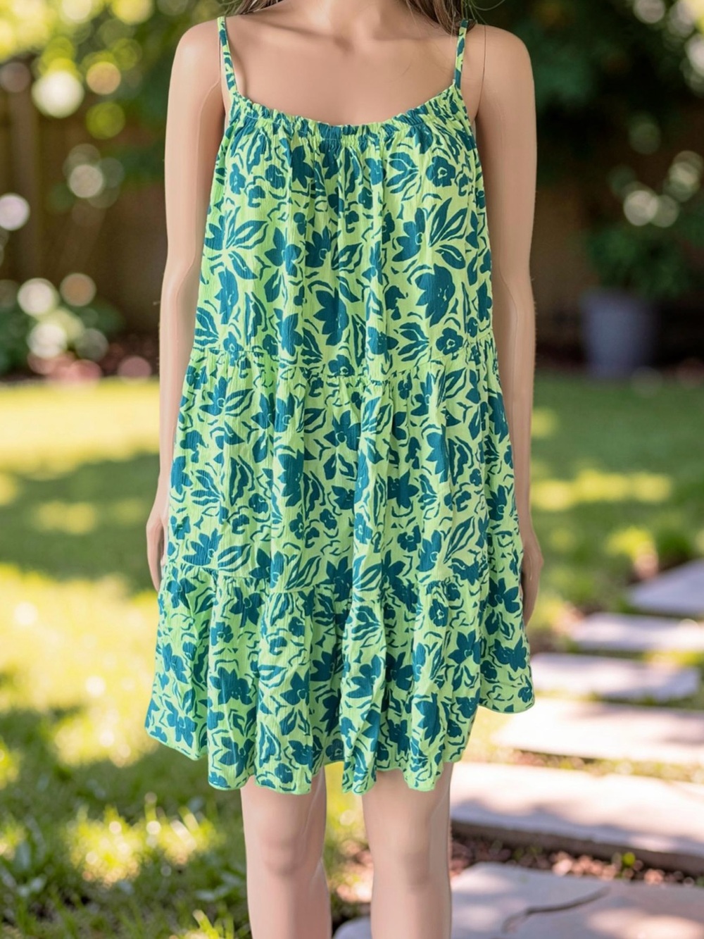 Salty Lemon Green Teal Floral Tiered Sundress Size L Boho Beach